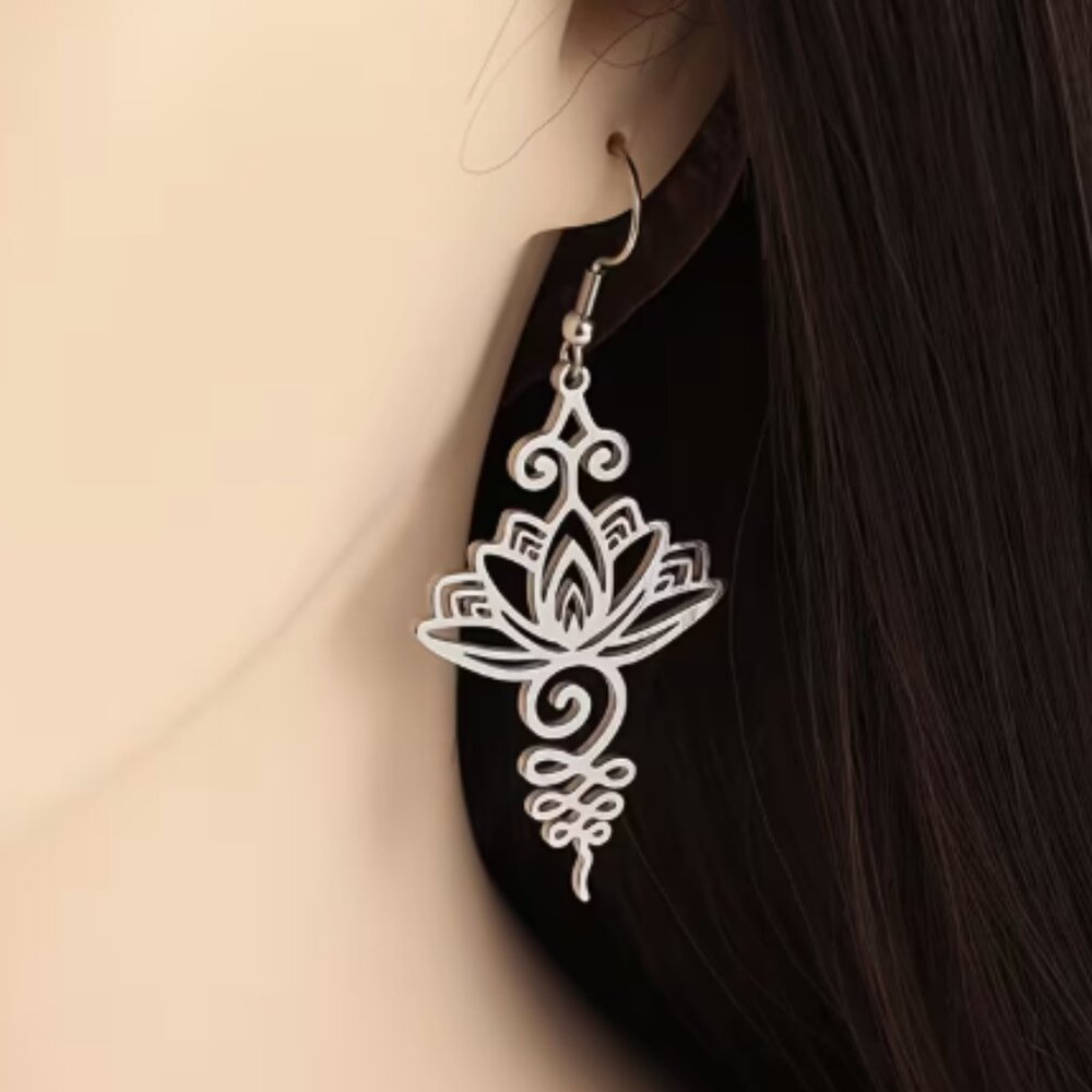 Lotus Unalome Stainless Steel Silvertone Hook Earrings - NEW